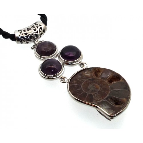 Ammonite Fossil and Amethyst Gemstone Pendant 03